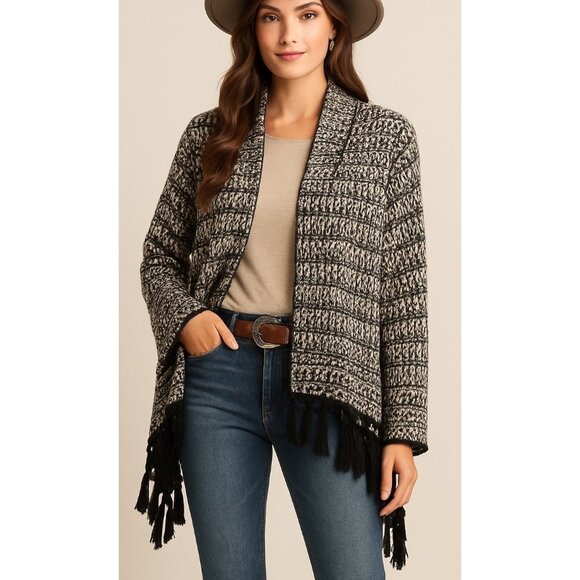 RXB Black White Striped Crochet Knit Fringed Cardigan SZ Large Western Aztec - Picture 1 of 10